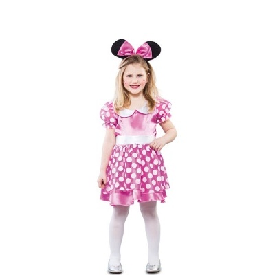 Menina com vestido rosa de bolinhas brancas e tiara com orelhas e laço cor de rosa