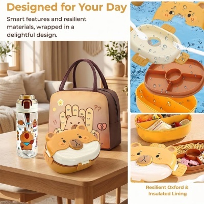Conjunto de lancheira de urso com saco térmico e garrafa de água decorada