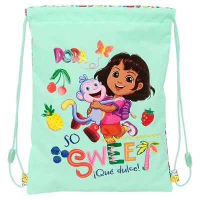 Saco de cordão com estampa da Dora e texto colorido