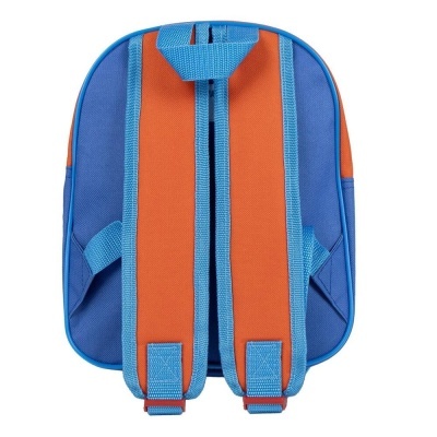 Mochila infantil laranja e azul vista de trás