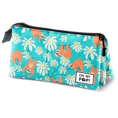 Estojo escolar azul com preguiças e flores, fecho preto e etiqueta OH MY POP!