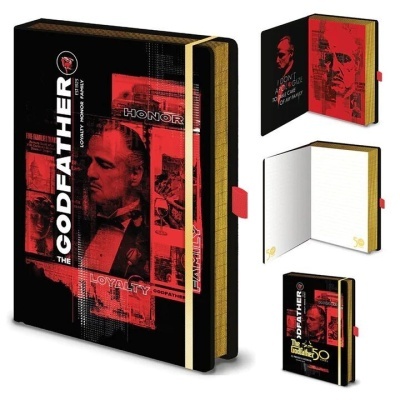 Caderno The Godfather preto e vermelho com imagem do personagem e texto de fidelidade