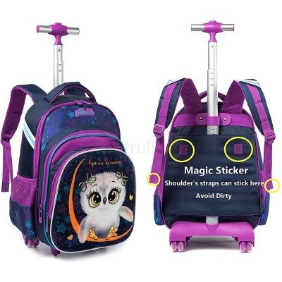 Mochila escolar colorida com carrinho e estampa de coruja