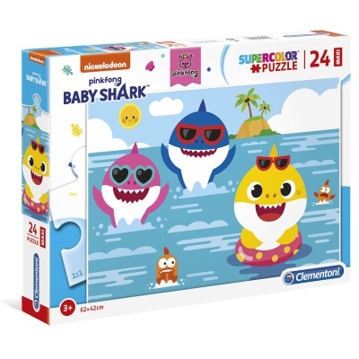 Embalagem de puzzle Baby Shark com 24 peças e cores vibrantes mostrando tubarões com óculos de sol no mar