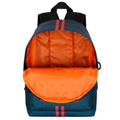 Mochila azul escuro com interior laranja e riscas vermelhas