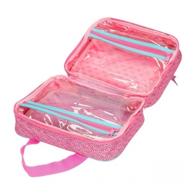 Estojo organizador rosa com compartimentos transparentes e fechos azuis
