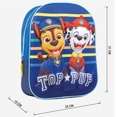 Mochila infantil azul com personagens Chase e Marshall e texto TOP PUP