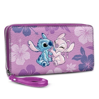 Carteira rosa com estampado de Stitch e Angel e padrão floral lilás.