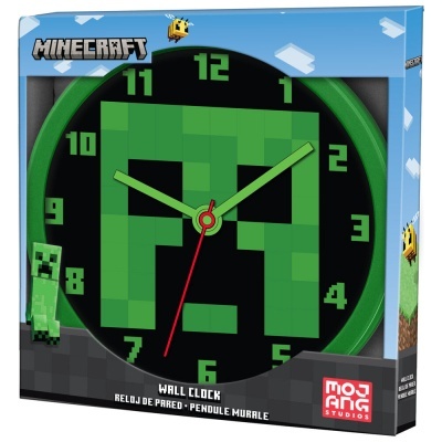 Relógio de parede Minecraft com face do Creeper em verde e preto num pacote azul