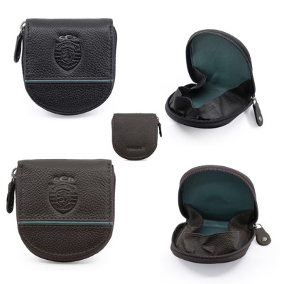 Carteiras em pele preto e castanho escuro com logótipo SCP e fecho de correr