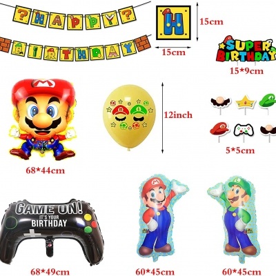 Decorações de festa Super Mario com balões e bandeirolas coloridas