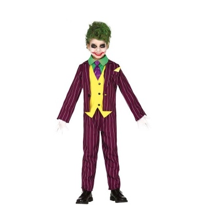 Fato infantil do Coringa com risca de giz roxo, colete amarelo e camisa verde