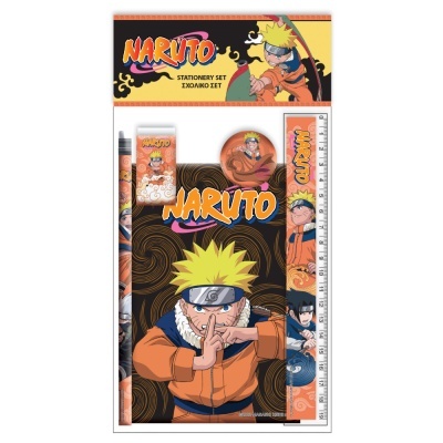Conjunto papelaria Naruto com lápis, borracha, régua e apontador decorados com personagens do anime