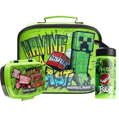 Conjunto de lanche Minecraft com saco térmico, marmita e garrafa verdes com desenhos e textos coloridos.