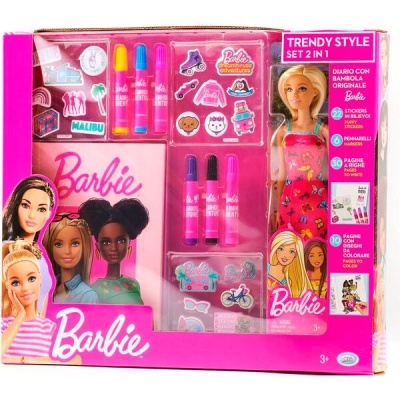Conjunto Barbie Trendy Style com boneca, diário, marcadores e autocolantes em caixa cor de rosa