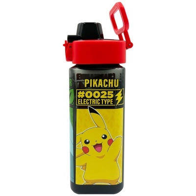 Garrafa de bebida com design do Pikachu e tampa vermelha