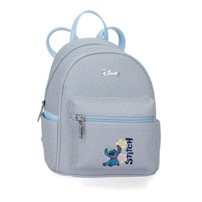 Mochila pequena azul claro da Disney com design do Stitch e flores.