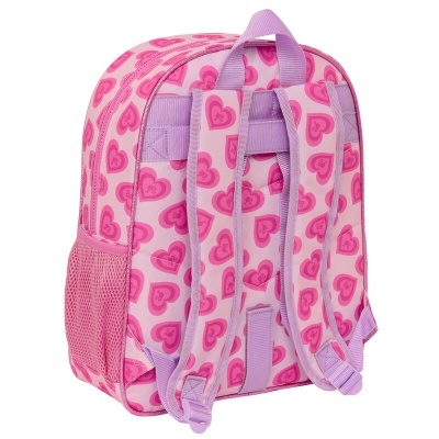 Mochila rosa com corações e alças lilás
