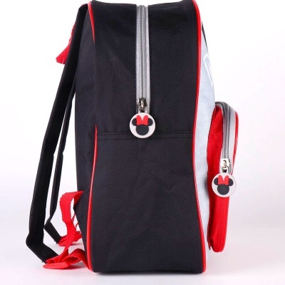 Mochila infantil preta, vermelha e cinzenta com puxadores da Minnie Mouse