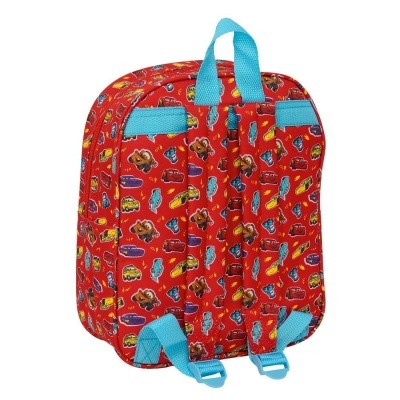 Mochila infantil vermelha com padrão de carros e alças azuis