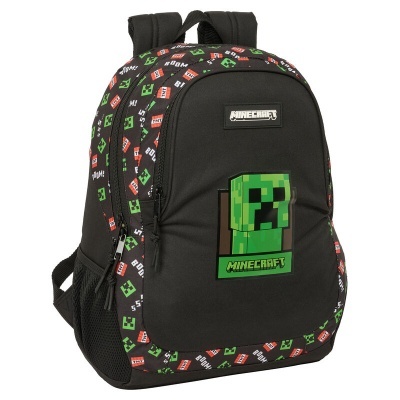 Mochila preta com padrão Minecraft e imagem de personagem verde em relevo