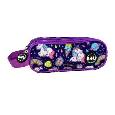 Estojo escolar roxo com estampas de unicórnios e elementos coloridos