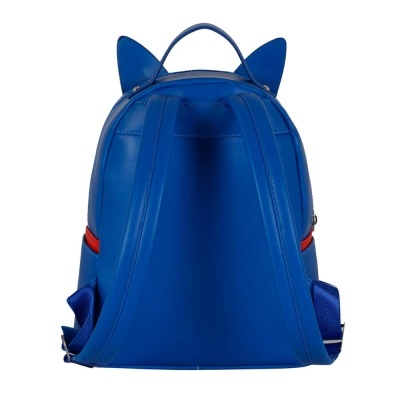 Mochila azul lisa com orelhas na parte superior e alças reguláveis