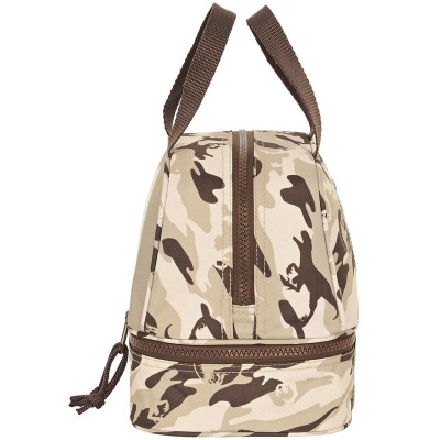 Bolsa de tecido camuflado bege e castanho vista lateral