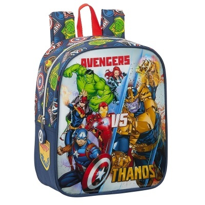 Mochila azul com estampas dos Avengers e texto 'AVENGERS VS THANOS'