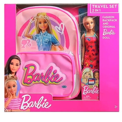 Conjunto de viagem Barbie com mochila e boneca na embalagem rosa