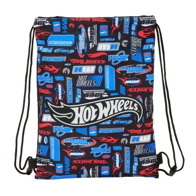 Mochila saco preta com estampado colorido Hot Wheels e cordões para fechar