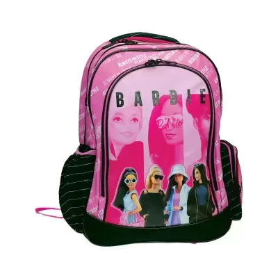 Mochila rosa e preta com imagem das personagens Barbie e texto BARBIE