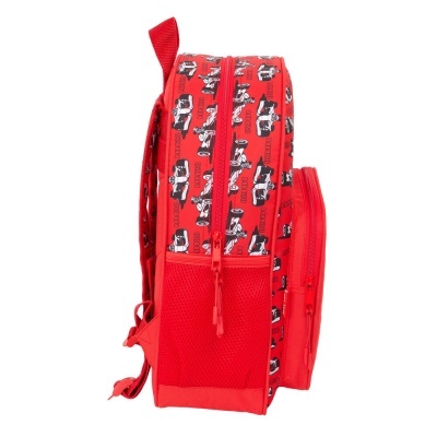 Mochila vermelha com padrão de carros e texto M12XH