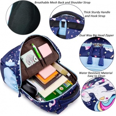 Mochila azul com unicórnios, compartimento aberto e detalhes das alças e fecho