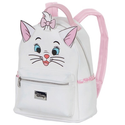 Mochila branca com cara de gato e alças rosas