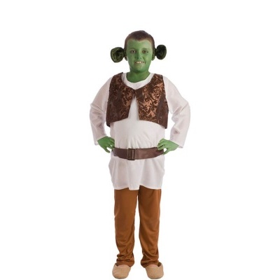 Fato infantil Shrek com túnica branca, colete castanho, calças e orelhas verdes