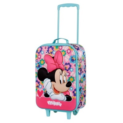 Mala de viagem infantil Minnie rosa com flores e alça azul