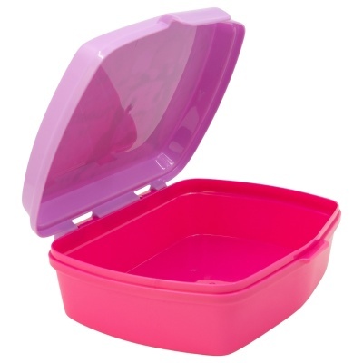 Caixa plástica rosa com tampa translúcida aberta