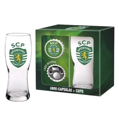 Copo Sporting CP com embalagem verde e abre-cápsulas
