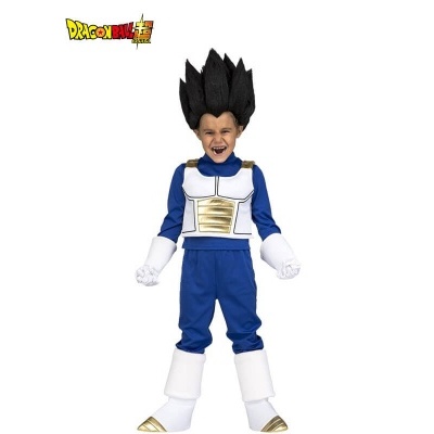criança vestida com fato Dragon Ball Super azul, branco e dourado com peruca preta