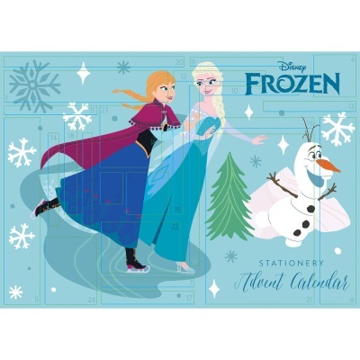 Calendário do advento Disney Frozen com personagens de desenho animado e flocos de neve