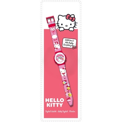 Relógio digital infantil Hello Kitty rosa com embalagem tema Hello Kitty