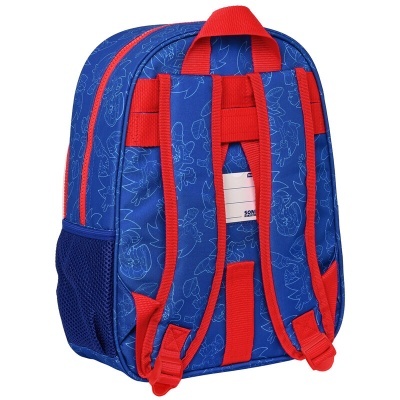 Mochila azul com alças vermelhas e padrão floral