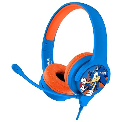 Headset com microfone azul e almofadas de ouvido laranja com imagem do Sonic