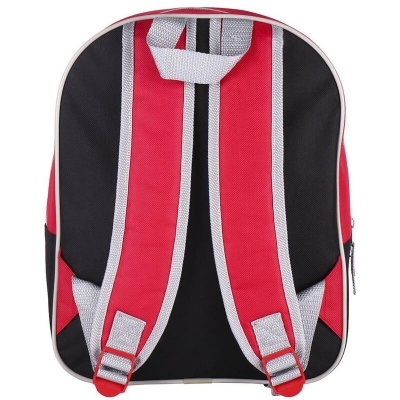 Mochila preta e vermelha vista pelas alças