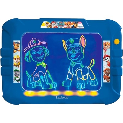 Quadro luminoso infantil azul com personagens da Patrulha Pata e botão amarelo