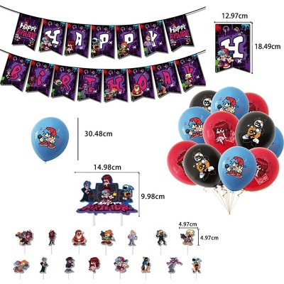 Conjunto de festa com bandeirolas HAPPY BIRTHDAY, balões coloridos e recortes de personagens animados