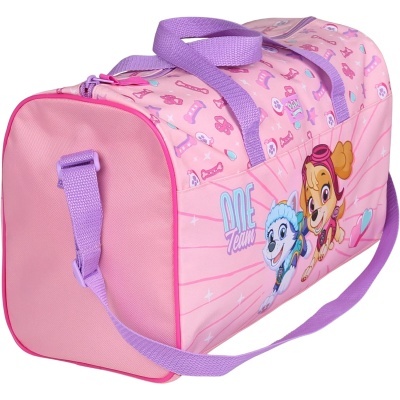 mala de desporto rosa com personagens de desenho animado e alças roxas