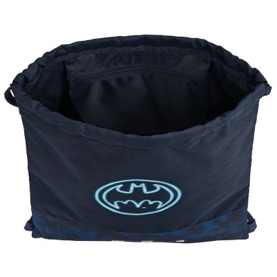 Saco mochila azul escuro com logotipo do Batman e bolso interior