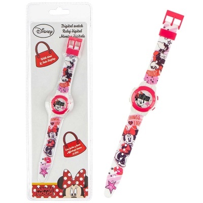 Relógio digital infantil Minnie Mouse rosa e branco em embalagem transparente.